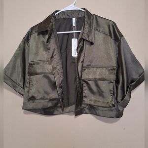 Glam Shiny Olive Utility Cropped Button Up Jacket Shirt NWT